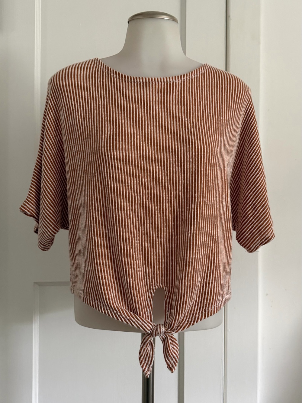 Striped Tie-Front Short Sleeve Top - Burnt Orange & White